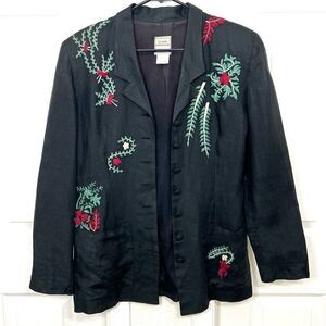 Claude Barthelemy Paris Linen Blazer Jacket Black Embroidered Leaves Size S